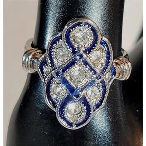 Beautiful Art Deco-Style Silver-Tone Blue/Clear Stones, Square, Fashion - Sz. 8